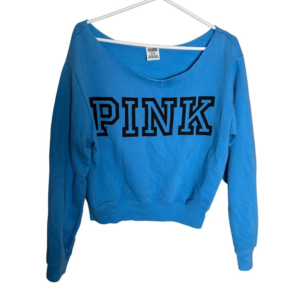 Victoria's Secret PINK Blue Cropped Graphic Sweatshirt Wide Neck Medium